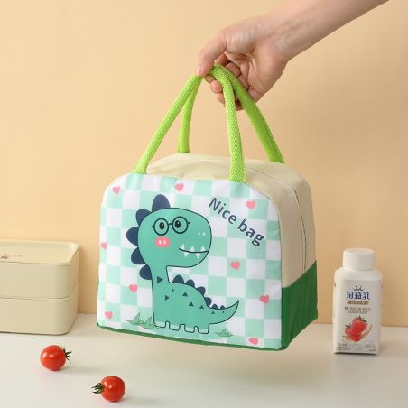 Geanta Termoizolanta pentru Copii, Flippy, 23x13x19 cm, Model Imprimeu Dinozaur, din Folie de Aluminiu si Panza Oxford, Verde