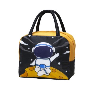 Geanta Termoizolanta pentru Copii, Flippy, 23x13x19 cm, Model Imprimeu Astronaut, din Folie de Aluminiu si Panza Oxford, Negru/P