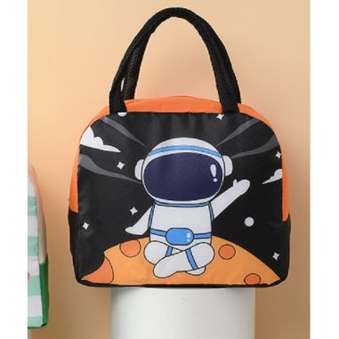 Geanta Termoizolanta pentru Copii, Flippy, 23x13x19 cm, Model Imprimeu Astronaut, din Folie de Aluminiu si Panza Oxford, Negru/P