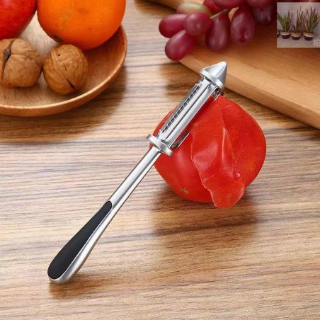 Peeler 2in1 pentru Legume si Fructe, Flippy, Multifunctional, cu 2 Lame de Curatati si Feliat, Varf Ascutit pentru Gaurit, 18 cm