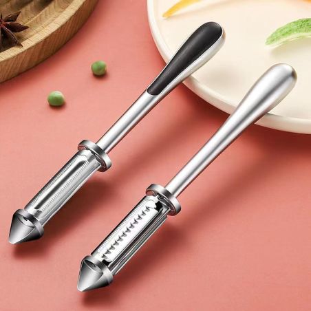 Peeler 2in1 pentru Legume si Fructe, Flippy, Multifunctional, cu 2 Lame de Curatati si Feliat, Varf Ascutit pentru Gaurit, 18 cm