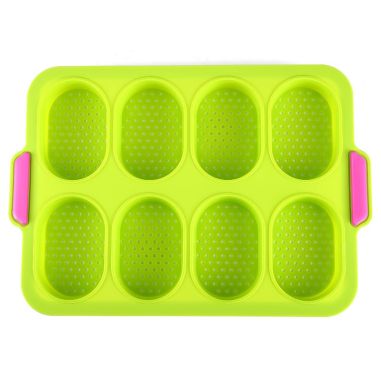 Forme de Silicon pentru Copt, Flippy, 8 Forme Ovale, pentru Paine si Prajituri, 34.5 x 23.8 x 2.5 cm, Verde/Roz