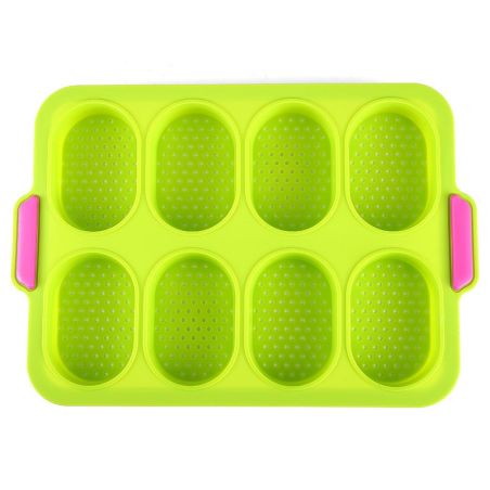 Forme de Silicon pentru Copt, Flippy, 8 Forme Ovale, pentru Paine si Prajituri, 34.5 x 23.8 x 2.5 cm, Verde/Roz