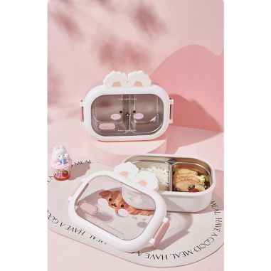 Cutie pentru Pranz sau Gustari, Flippy, cu Doua Compartimente, Model Iepuras, pentru Copii si Adulti, Etansare, PP, Perfect pent