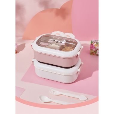 Cutie pentru Pranz sau Gustari, Flippy, cu Doua Compartimente, Model Iepuras, pentru Copii si Adulti, Etansare, PP, Perfect pent