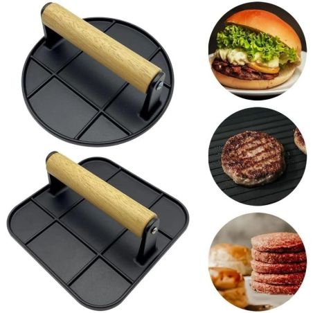 Presa Manuala pentru Carne, Flippy, din Aliaj de Aluminiu, Maner din Lemn, Presa pentru Burgeri, Usor de Curatat si Folosit, Rot