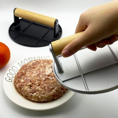 Presa Manuala pentru Carne, Flippy, din Aliaj de Aluminiu, Maner din Lemn, Presa pentru Burgeri, Usor de Curatat si Folosit, Rot