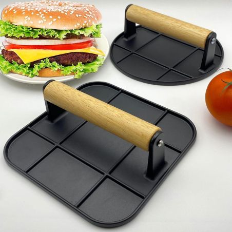 Presa Manuala pentru Carne, Flippy, din Aliaj de Aluminiu, Maner din Lemn, Presa pentru Burgeri, Usor de Curatat si Folosit, Rot