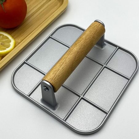 Presa Manuala pentru Carne, Flippy, din Aliaj de Aluminiu, Maner din Lemn, Presa pentru Burgeri, Usor de Curatat si Folosit, Pat