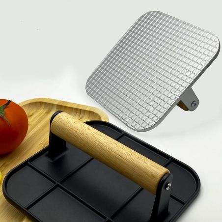 Presa Manuala pentru Carne, Flippy, din Aliaj de Aluminiu, Maner din Lemn, Presa pentru Burgeri, Usor de Curatat si Folosit, Pat
