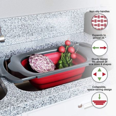 Cos de Scurgere Retractabil pentru Chiuveta, Flippy, cu Filtru, pentru Fructe si Legume, de Uz Casnic, 39x12 cm, Design Extensib