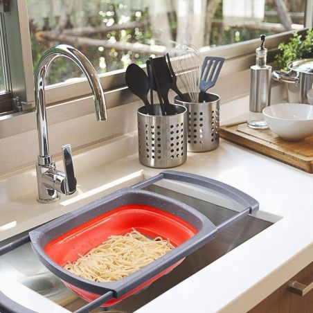 Cos de Scurgere Retractabil pentru Chiuveta, Flippy, cu Filtru, pentru Fructe si Legume, de Uz Casnic, 39x12 cm, Design Extensib
