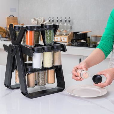 Suport Pentru Condimente Rotativ, Flippy, Multifunctional, Pivotant 360°, Portabil, Usor de Montat, 34x23 cm, ABS/Sticla, Negru
