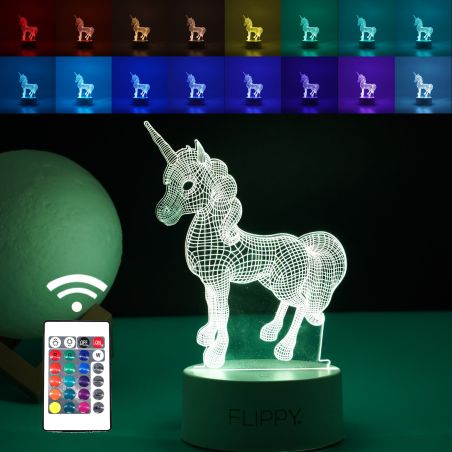 Lampa LED decorativa, Flippy, 3D, Unicorn, cu USB si baterii, 20 cm inaltime, din material acril, lumina multicolora si telecoma