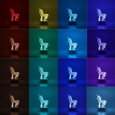 Lampa LED decorativa, Flippy, 3D, Unicorn, cu USB si baterii, 20 cm inaltime, din material acril, lumina multicolora si telecoma