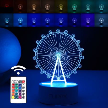 Lampa LED decorativa, Flippy, 3D, Roata Panoramica, cu telecomanda, doua moduri de alimentare USB si baterii, 20 cm inaltime, di