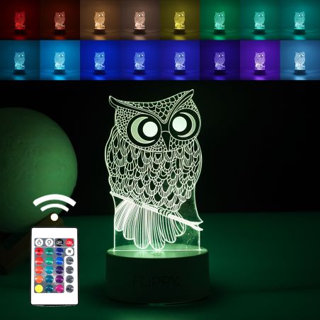 Lampa LED decorativa, Flippy, 3D, Bufnita, cu USB si baterii, 20 cm inaltime, din material acril, lumina multicolora si telecoma