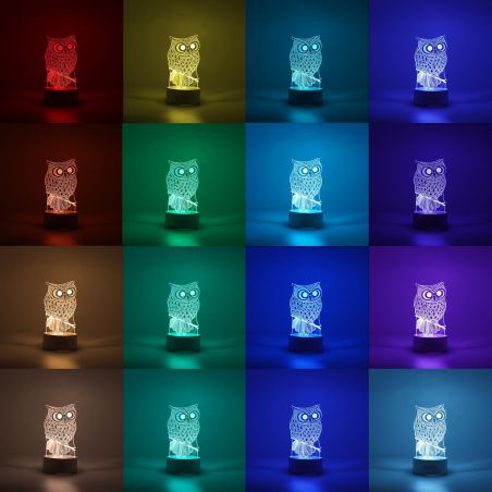 Lampa LED decorativa, Flippy, 3D, Bufnita, cu USB si baterii, 20 cm inaltime, din material acril, lumina multicolora si telecoma