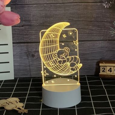 Lampa LED decorativa, Flippy, 3D, Ursulet si Semiluna, cu telecomanda, doua moduri de alimentare USB si baterii, 20 cm inaltime,