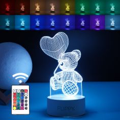 Lampa LED decorativa, Flippy, 3D, Ursulet cu balon inima, cu telecomanda, doua moduri de alimentare USB si baterii, 20 cm inalti