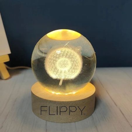 Lampa LED Decorativa, Flippy, cu Bila de Cristal cu Diametru 6cm, Model Papadie 3D, Alimentare USB, Suport din Lemn, Lumina Alb 