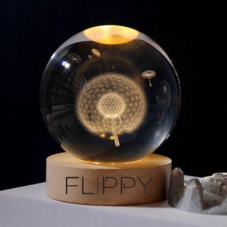 Lampa LED Decorativa, Flippy, cu Bila de Cristal cu Diametru 6cm, Model Papadie 3D, Alimentare USB, Suport din Lemn, Lumina Alb 