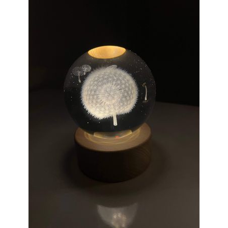 Lampa LED Decorativa, Flippy, cu Bila de Cristal cu Diametru 6cm, Model Papadie 3D, Alimentare USB, Suport din Lemn, Lumina Alb 