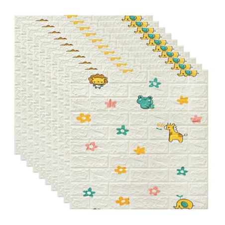 Set 10 Placi Tapet 3D, Flippy, 70 x 77 cm, Grosime 3 mm, din Polietilena, Tip Caramida, Model Animalute si Floricele, Suprafata 
