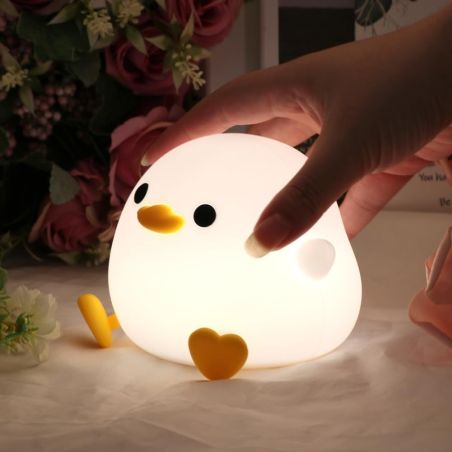 Lampa de Veghe pentru Copii, Flippy, din Silicon, Senzor Tactil, Model Ratusca, Lumina Calda, Timer Automat, Protectie pentru Oc