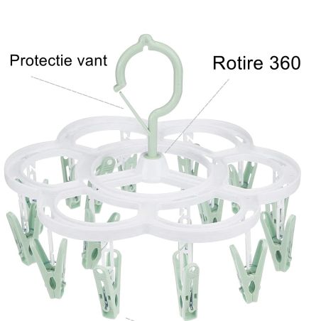 Uscator de Rufe Suspendat Flippy, cu 16 Carlige, Rotire 360 Grade, Mateiral Plastic, Usor de Depozitat, Multifunctional, 26 x 21