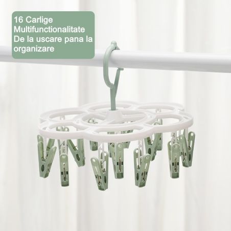Uscator de Rufe Suspendat Flippy, cu 16 Carlige, Rotire 360 Grade, Mateiral Plastic, Usor de Depozitat, Multifunctional, 26 x 21
