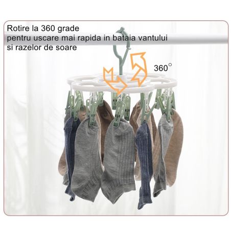 Uscator de Rufe Suspendat Flippy, cu 16 Carlige, Rotire 360 Grade, Mateiral Plastic, Usor de Depozitat, Multifunctional, 26 x 21