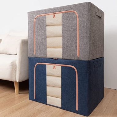 Cutie de Depozitare Pliabila, Flippy, 66 L, din Bumbac si In, 50x40x33 cm, Fereastra Frontala, 2 Usi de Acces cu Fermoar Bidirec