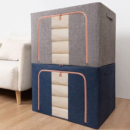 Cutie de Depozitare Pliabila, Flippy, 66 L, din Bumbac si In, 50x40x33 cm, Fereastra Frontala, 2 Usi de Acces cu Fermoar Bidirec