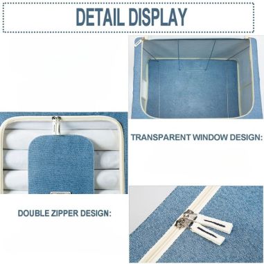 Cutie de Depozitare Pliabila, Flippy, 66 L, din Bumbac si In, 50x40x33 cm, Fereastra Frontala, 2 Usi de Acces cu Fermoar Bidirec