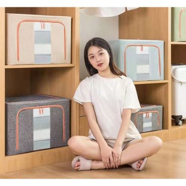 Cutie de Depozitare Pliabila, Flippy, 24 L, din Bumbac si In, 40x30x20 cm, 2 Ferestre, Frontala si Laterala, 2 Usi de Acces cu F