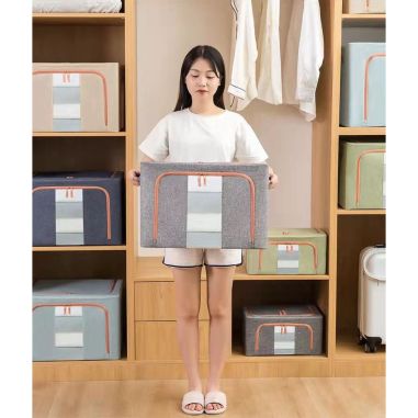 Cutie de Depozitare Pliabila, Flippy, 24 L, din Bumbac si In, 40x30x20 cm, Fereastra Frontala, 2 Usi de Acces cu Fermoar Bidirec
