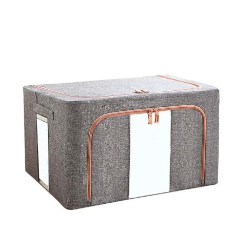 Cutie de depozitare pliabila, Flippy, Cu fermoar, 66 L, Textil, 50x40x33 cm, Gri, Cadru Metalic, Suport Baza Stabil din Plastic,