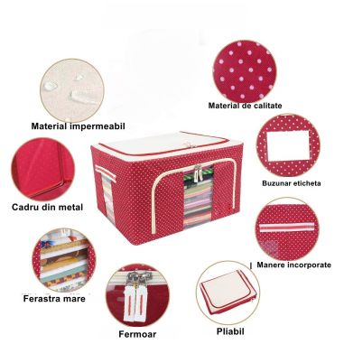 Cutie de Depozitare Pliabila, Flippy, cu Fermoar, 100 L, Textil, 60x42x40 cm, O Fereastra, Cadru Metalic, Suport Baza Stabil din