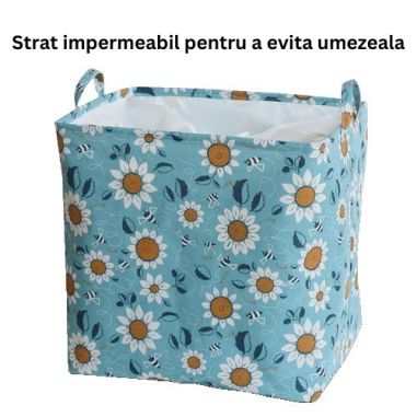 Cos depozitare, Flippy, Capac cu Snur, 175 L, Confectionat din Bumbac si un Strat Impermeabil, 50x50x70 cm, Albastru Deschis, Im