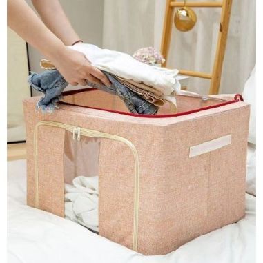 Cutie de Depozitare Pliabila, Flippy, 100 L, din Bumbac si In, 60x42x40 cm, 2 Ferestre, Frontala si Laterala, 2 Usi de Acces cu 