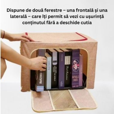 Cutie de Depozitare Pliabila, Flippy, 100 L, din Bumbac si In, 60x42x40 cm, 2 Ferestre, Frontala si Laterala, 2 Usi de Acces cu 