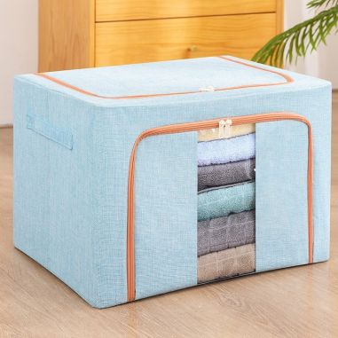 Cutie de Depozitare Pliabila, Flippy, 100 L, din Bumbac si In, 60x42x40 cm, 2 Ferestre, Frontala si Laterala, 2 Usi de Acces cu 