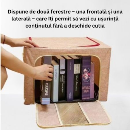 Cutie de Depozitare Pliabila, Flippy,100 L, din Bumbac si In, 60X42X40 cm, Fereastra Frontala, 2 Usi de Acces cu Fermoar Bidirec