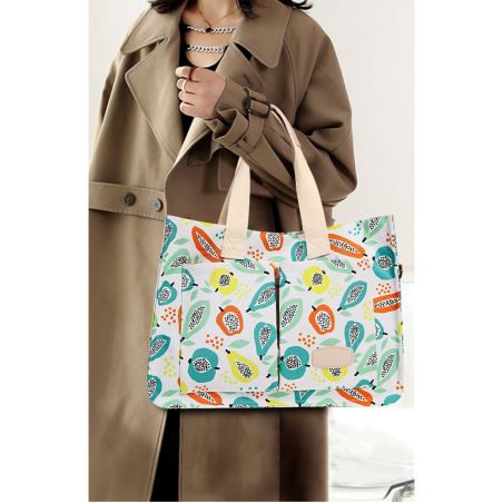 Geanta de Mana/Umar, Multifunctionala, Flippy, Inchidere cu Capsa, Imprimeu Fructe, Material Textil, 33.5 x 25 x 14.5 cm, Multic