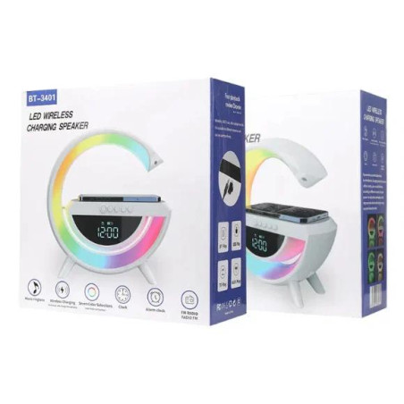 Boxa portabila multifunctionala BT-3401, incarcare wireless, ceas digital, led, 25×24×9cm