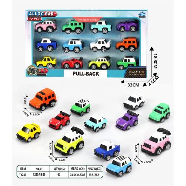 Set 12 masinute pull-back action, diverse modele si culori, 33×18.3cm, +3ani