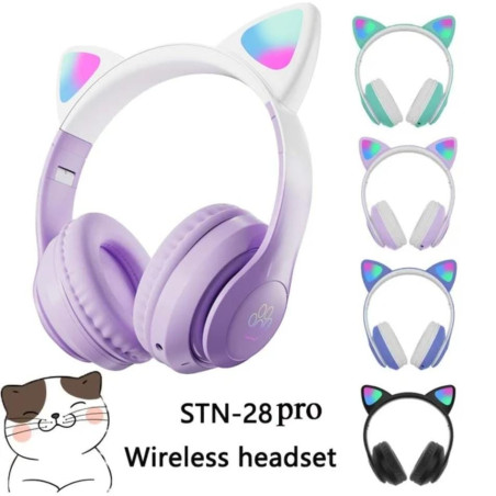 Casti wireless pliabile, Urechi de pisica, Bluetooth 5.3, Handsfree, HiFi, Bass Stereo, RGB, TF Engros
