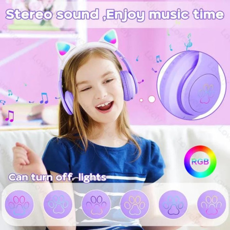 Casti wireless pliabile, Urechi de pisica, Bluetooth 5.3, Handsfree, HiFi, Bass Stereo, RGB, TF Engros
