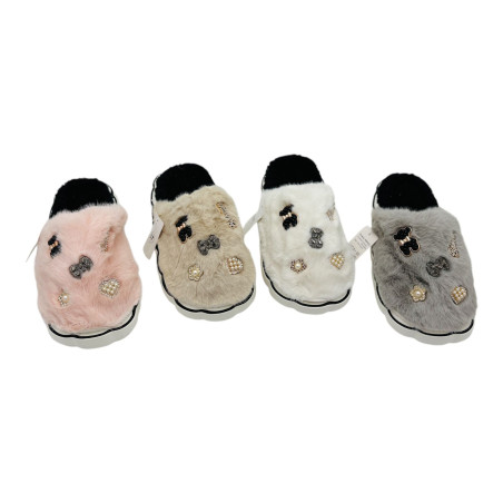 Papuci de casa pentri dama, model pufos cu accesorii L670, talpa inalta, marimi 36-41, en-gros
